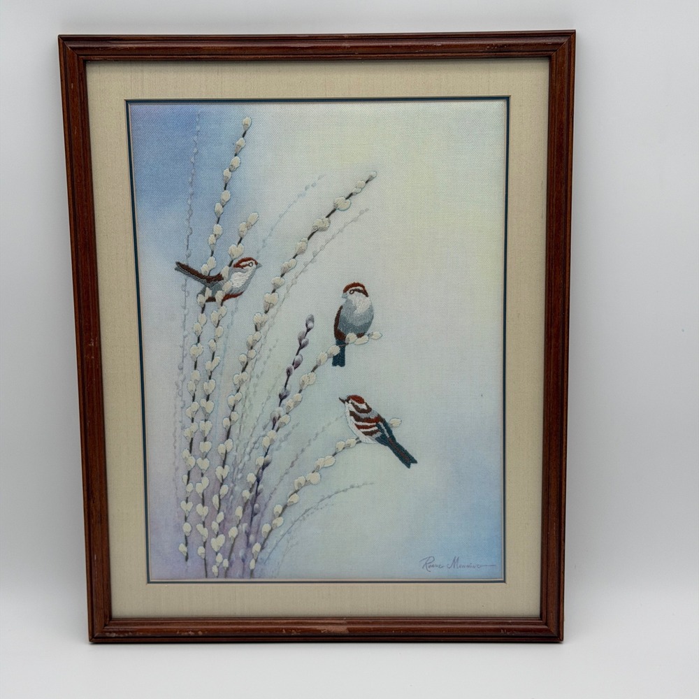 Ruane Manning Embroidered Bird Art Framed Floral Mixed Media Signed 18x15